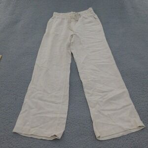 Versona Pants Womens Small Linen Blend Wide Leg Beige Elastic Drawstring Waist